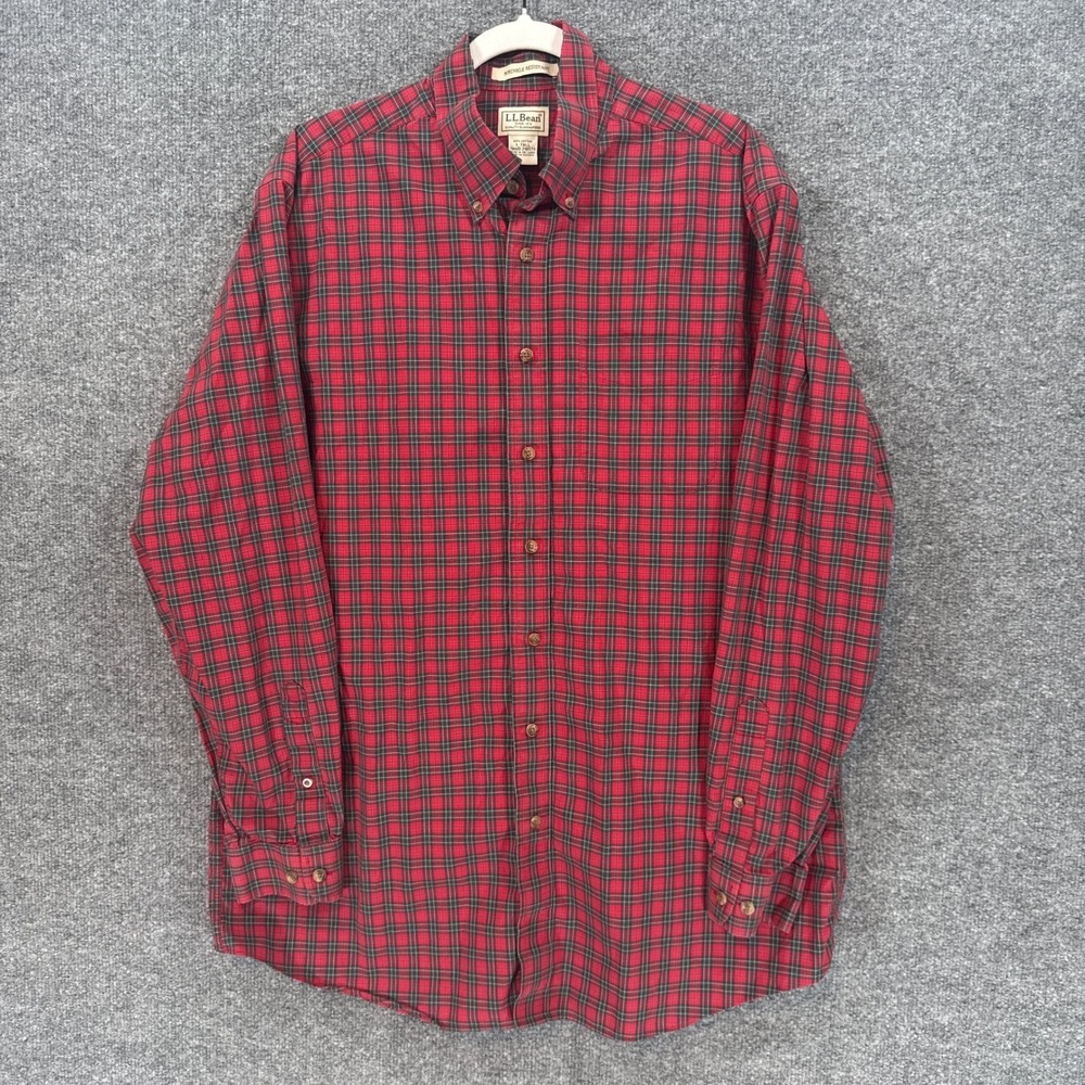 L.L Bean Button Down Shirt Mens Large Tall Red Plaid Wrinkle Resistant Cotton